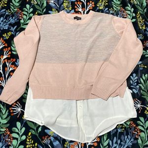 Pink and gray sweater with cream ‘undershirt’